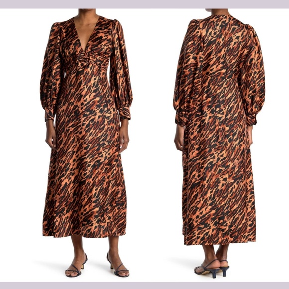 NWT‎ $595 Sandro [ 40 ] Faunie Pintucked Leopard Silk Maxi Dress In Wildcat - Picture 2 of 16